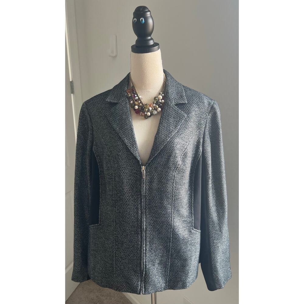 Anne Klein Zip Up Black Gray Silver Accent Tweed Notched Neckline Blazer 16W‎